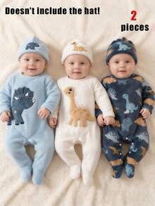 Newborn Baby Boy Autumn/Winter Soft Plush Fabric Dinosaur Digital Print Pattern Long Sleeve Jumpsuit 2-Piece Set Pajamas Loungewear - Multicolor - View 1