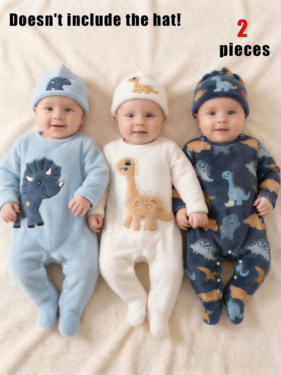 Newborn Baby Boy Autumn/Winter Soft Plush Fabric Dinosaur Digital Print Pattern Long Sleeve Jumpsuit 2-Piece Set Pajamas Loungewear - Multicolor - View 1