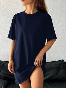 SHEIN EZwear 女款休閒寬鬆海軍藍圓領短袖短洋裝，適合夏季 - 藏蓝色 - 查看 4