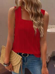Zayélia Summer New Sleeveless Wide Strap Square Neck Loose Fit Slimming Women's Tank Top - Red - View 8