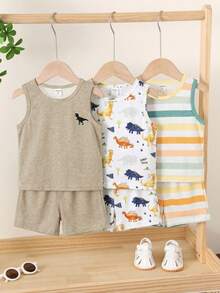 Baby Boy Casual Simple Tank Top 3pcs Set Suitable For Summer - Multicolor - View 3