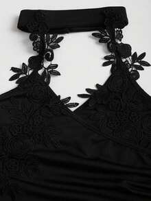 Elenzga Halter Neck Iridescent Material Contrast Lace Dress - Black - View 5
