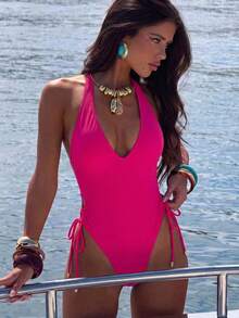 SHEIN Swim 2025 纯色露背吊带连体泳衣，适合度假和海滩夏季 - 紅色 - 查看 6