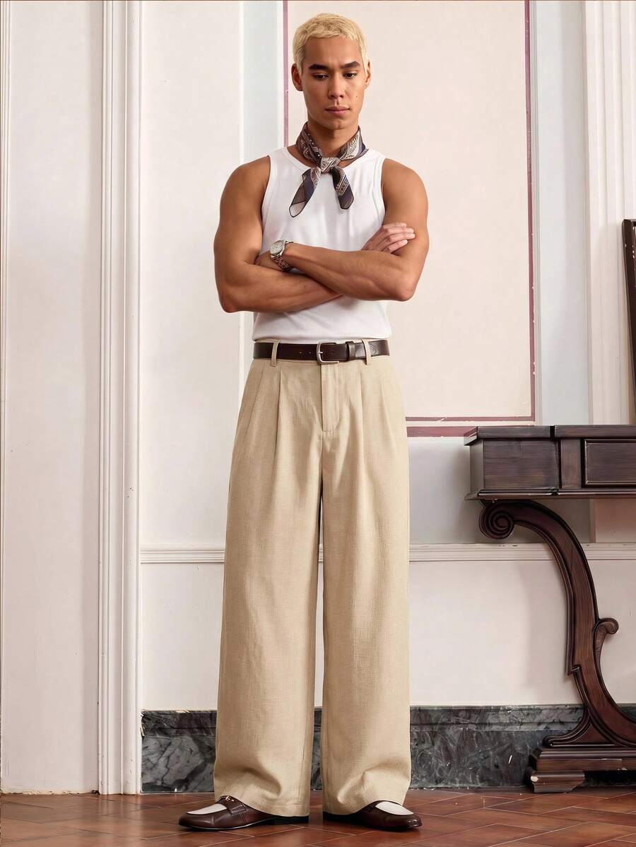 SWAVVY Men's Solid Color Pleated Wide Leg Loose Casual Long Pants - Apricot - View 1