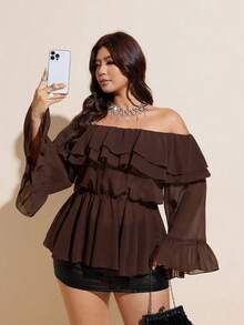 Viva Relle Plus-Size Plus Size Women's Off-Shoulder Double-Layered Ruffled Sensual Top Fall - Brown - View 2