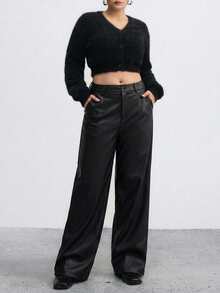 Dazy Plus Solid Color Casual Straight Leg Pants Blogger Style PU Leather Long Black Spring Autumn Winter New Wide Leg Trousers - Black - View 4