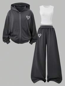 SHEIN 青少年女孩秋季穿搭上衣 3件/套圓領套裝，假日穿搭，休閒舒適 - 深灰色 - 查看 5