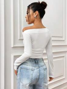 Flirla Solid Color Asymmetric Collar Pleated Cropped Top Fall Cloth For Women - White - View 2