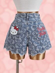 HELLO KITTY AND FRIENDS | SHEIN Women's All-Over Print Button Pocket Frayed Hem Casual Versatile Daily Wear Denim Shorts - Blue - View 2