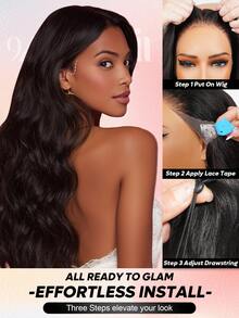 ALL READY WIG 抽绳假发帽，适合所有头型，无胶，13x6 波浪卷发假发，真人发丝，预拔透明蕾丝，漂白发结，180% 密度，适合女性，含婴儿发丝 - Natural Black - 查看 4