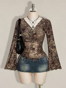 SHEIN ICON 秋季 Y2K 女款棕色西部波希米亞風青色滿版印花 V 領抓皺優雅長袖襯衫 - 棕色 - 查看 1