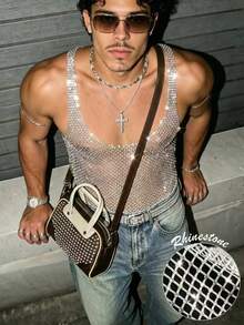 Manfinity Dauomo Men's Fashion Sexy Rhinestone Fishnet Tank Top - White - View 1