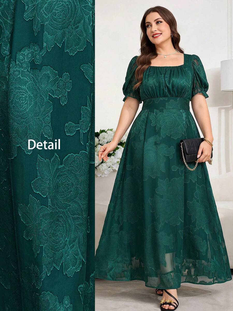 Reflora Plus Size Women Square Neck Jacquard Pleated Casual Party Dress - Dark Green - View 1