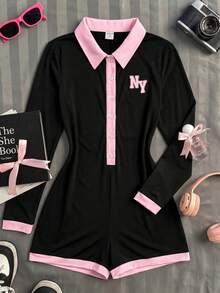 Teen Girls Long Sleeve Polo Pink Black Collar Romper,Back-To-School,Cute,Vacation, 1pc Only Spring - Black - View 2