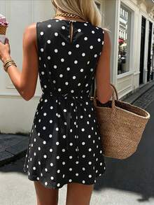 SHEIN PariChic Vintage French Black And White Polka Dot Print Sleeveless Dress, Round Neck, Waist-Cinching, Slimming, Elegant Commuter Vacation Short Dress Summer - Black - View 2