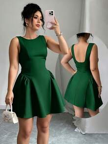Elenzga Plus Size Elegant Waist-Cinched Sleeveless Dress - Dark Green - View 1