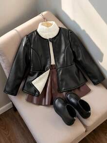 SHEIN Baby Girl Cute Versatile Black Thermal Lined Jacket Coat For Autumn/Winter - Black - View 8