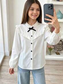 SHEIN Girls' Single Piece Elegant Solid Color Full Button-Front Shirt, Ruffle Collar, Puff Sleeve Design, 3D Bow Decor, Suitable For Daily Casual, Back To School, Vacation Wear In Spring And Autumn - White - View 3