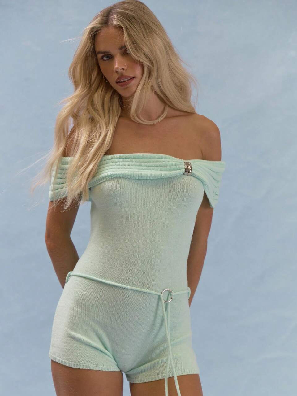 Mint Green Knitted Folded-Over Ruched Bandeau Playsuit