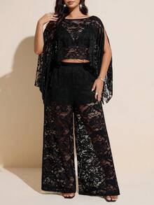 Viva Relle Plus Size Long Lace Shawl Elegant 2 Pieces Set Fall - Black - View 3