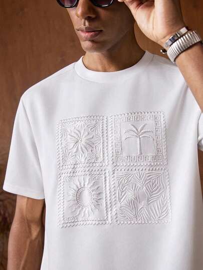 AKNOTIC Camiseta de manga corta casual diaria para hombre con patrón de bordado botánico