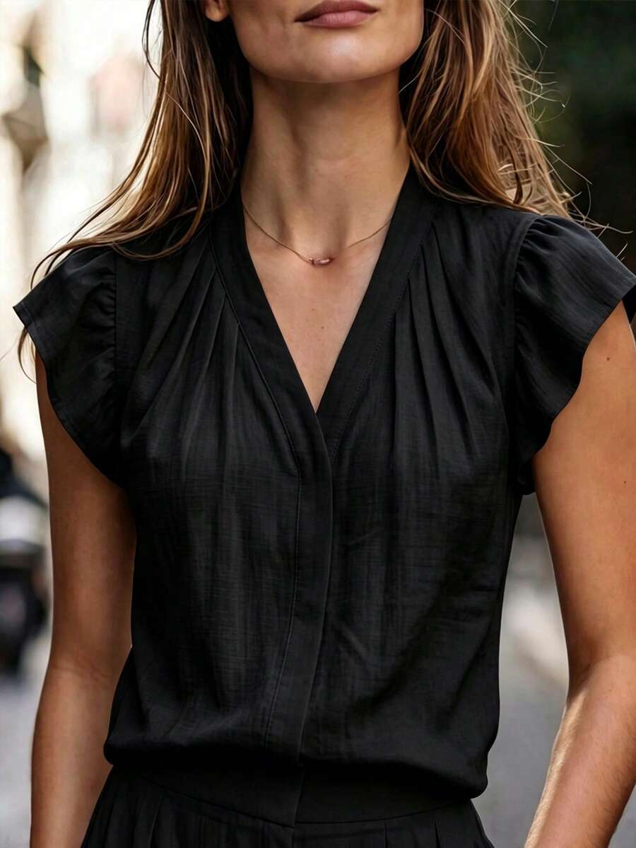 Balvessa 女款純色V領百褶休閒百搭日常襯衫 - 黑色 - 查看 1