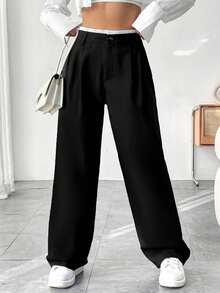 Elenzga Plus Size Contrast Color Waist Slant Pocket Casual Wide Leg Pants - Black - View 3