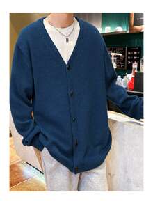 Manfinity Hypemode Men's Casual Versatile Solid Color Cardigan, Autumn/Winter - Navy Blue - View 5
