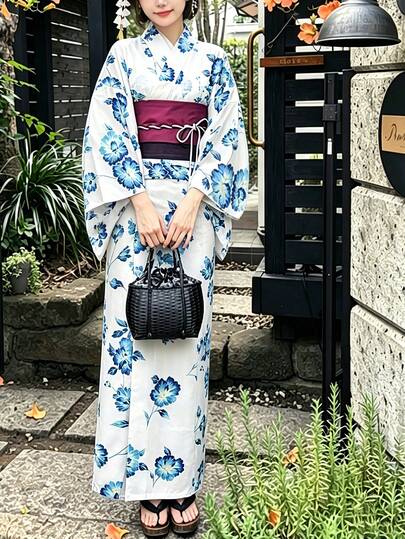 Irokai 日式傳統和服白色底藍綠花卉圖案女款改良兩件式浴衣套裝