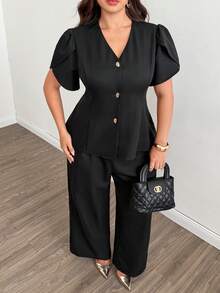 Modelyn Conjunto de 2 piezas para mujer de talla grande con top de manga corta y pantalones largos de unicolor con botones metálicos, estilo casual para ir al trabajo - Negro - Ver 7