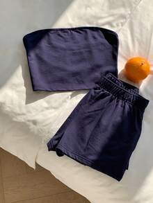 SHEIN Girlism Conjunto de 2 piezas para niña preadolescente, sudadera casual de calle con eslogan gráfico en inglés estilo Y2K y top tubo de punto ajustado de color liso, azul - Azul Marino - Ver 3