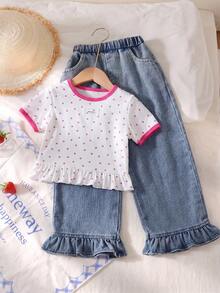 SHEIN 2pcs/Set Girls Toddler Lace Embroidery Patch Heart Pattern Print Colorblock Short Sleeve T-Shirt And Casual Ruffle Hem Pocket Straight Leg Denim Jeans Outfit, Summer - White - View 2