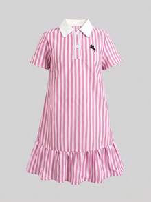 SHEIN 青少年女孩休閒舒適立領拼色羅紋純色洋裝，返校季公主裙，適合畢業派對、生日派對，Y2K時尚街頭風，甜酷女孩風 - 粉色 - 查看 3