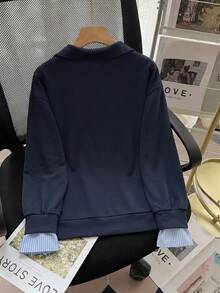 Qadelle Navy Blue 2 In 1 Waffle Knit Sweatshirt With Striped Patchwork, Collared V-Neck, Korean Slouchy Loose Long Sleeve Pullover - Multicolor - View 2
