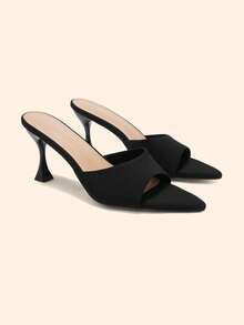 CUCCOO BASICS Ladies Classic Knitted Black Stiletto Kitten Heel Sexy Mueller Slip-On Open Toe Toothed Pointed Breathable Summer Striped Women's Sandals Commuter - Black - View 1