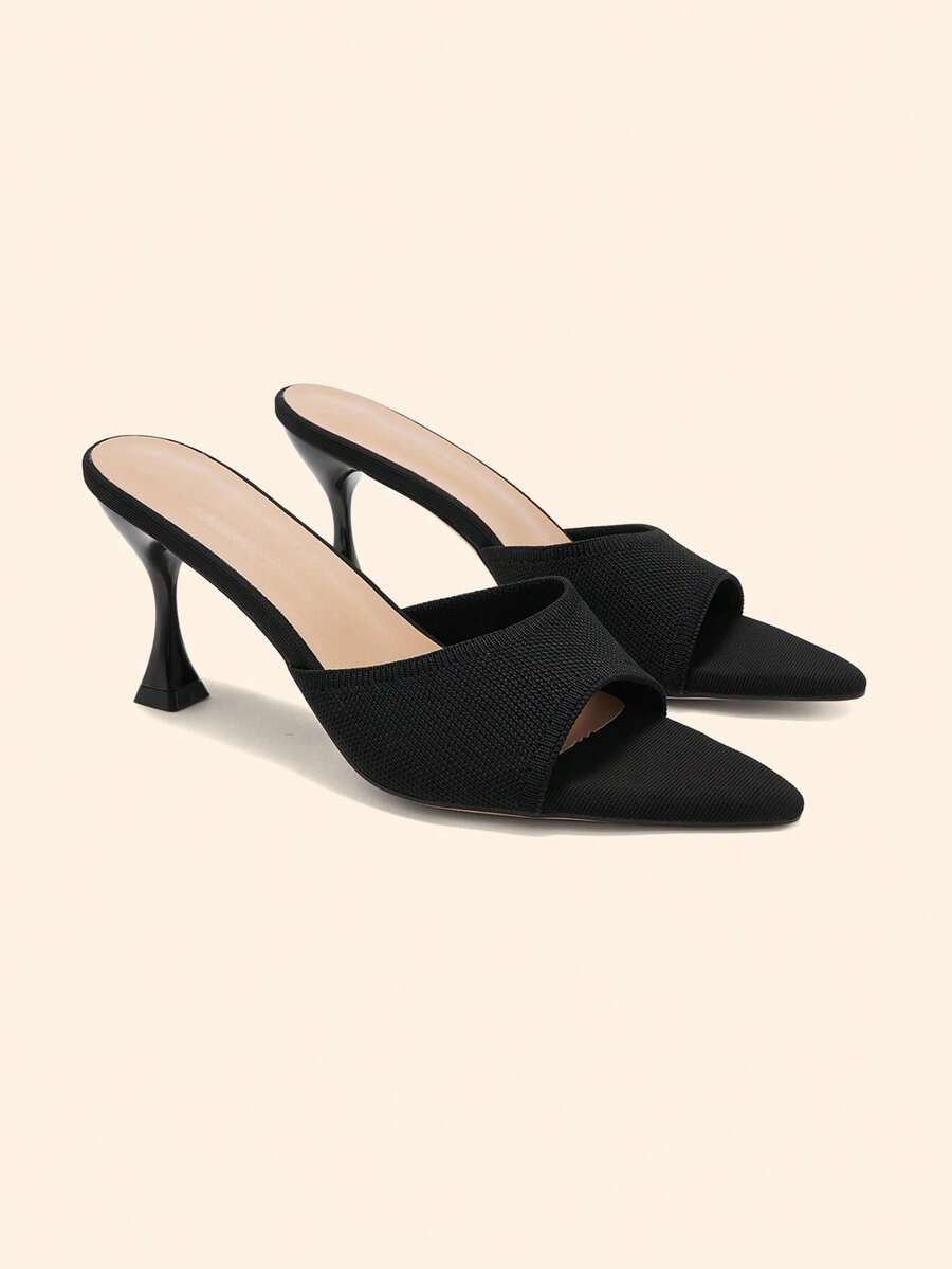 CUCCOO BASICS Ladies Classic Knitted Black Stiletto Kitten Heel Sexy Mueller Slip-On Open Toe Toothed Pointed Breathable Summer Striped Women's Sandals Commuter - Black - View 1
