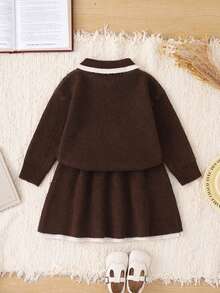 SHEIN Playful Pals 女童純色蝴蝶結圓領落肩長袖套頭毛衣＋配套裙子套裝，柔軟舒適，適合日常穿著、外出、旅行、度假、居家、托兒所及兒童遊戲 - 棕色 - 查看 2