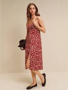 lacRébo Dark Red Floral Sleeveless Midi Dress With Sweetheart Neckline, Smocked Back And Side Slit Summer Autumn Holiday Brunch Vacation French Romantic - Red - View 5