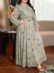 Modelyn 大码女式碎花灯笼袖优雅收腰中长连衣裙 - 綠色 - 查看 6