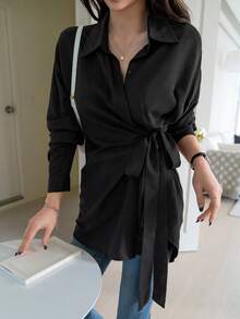 DAZY Tie Side Drop Shoulder Shirt,Fall Clothes Preppy Tops Long Sleeve Top - Black - View 4
