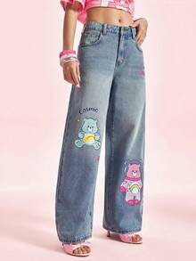 SHEIN X Care Bears 女款休閒日常牛仔褲，附口袋、鈕扣與卡通圖案 - 藍色 - 查看 3