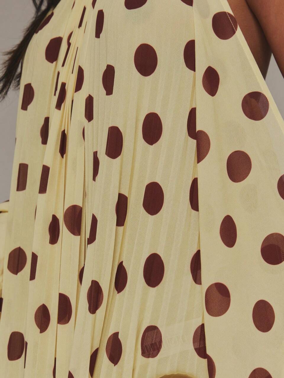 Cream And Brown Polka Dot Pleated Chiffon Open Sleeve Maxi Dress