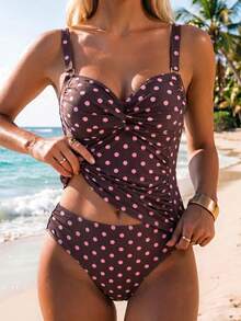 Swim Lushoire Nuovo bikini a due pezzi con spalline doppie e stampa a pois rosa, collezione primavera/estate, modello top a canotta per donna matura. - Multicolore - Visualizzare 1