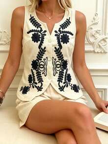 Cévolie Apricot Embroidered Vest And Shorts 2 Pieces Set - Apricot - View 4