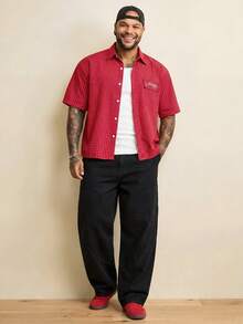 EASEVO Men's Plus Size Plaid Embroidered Short Sleeve Single Breasted Shirt - Red - View 4