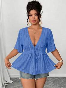 Elenzga Áo blouse size lớn vải thêu rỗng cổ chữ V tay ngắn chiết eo dáng chữ A gấu bèo thắt nơ trước, thanh lịch thường ngày đi làm hẹn hò tiệc tùng du lịch - Xanh đậm - Xem 5