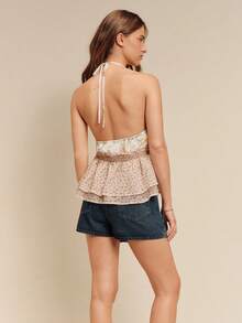 lacRébo Mixed Print Floral Halter Keyhole Sleeveless Top With Contrast Pink Peplum Hem Summer Holiday Casual Cute Top - Multicolor - View 2