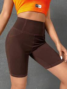 SHEIN PETITE CURVE Quần short biker cỡ lớn với họa tiết chữ thêu nổi bật. - Cà phê nâu - Xem 3