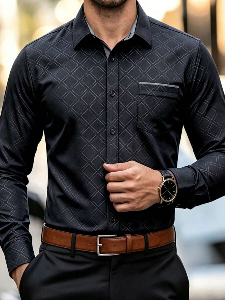 Manfinity Mode Men's Black Dark Grid Embossed Contrast Color Patchwork Casual Business Mature Fit Long Sleeve Shirt - Black - View 1