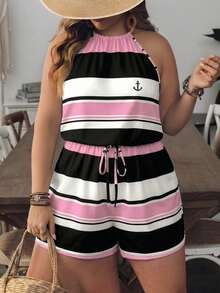 EMERY ROSE Mono casual de uso diario para mujer talla grande con estampado de ancla, plisado, bloques de color y cuello halter - Rosa - Ver 3